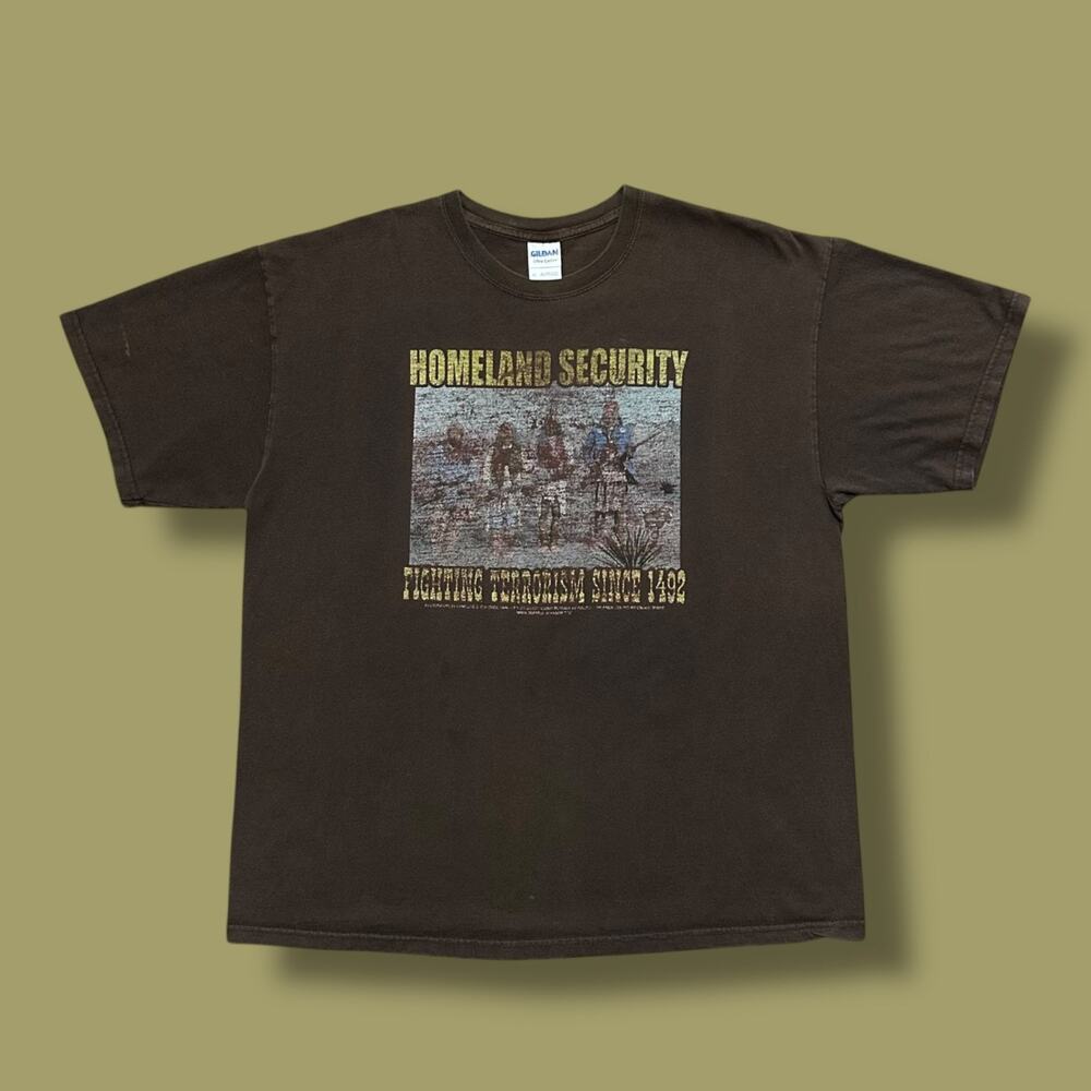 Vintage Homeland Security Shirt Native American y2k Graphic Tee Faded Brown XL